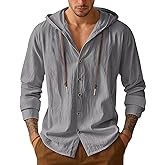 Mens Cotton Linen Button Down Hoodies Long Sleeve Casual Hoodies Hawaiian Beach Top Lightweight Fashion Shirts