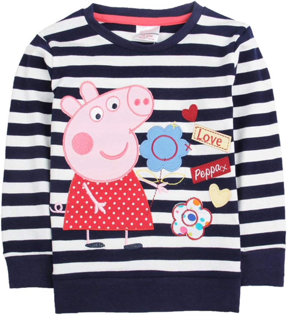 YUTING Girls Peppa Pig Embroidery Cartoon T-Shirt,Cotton,Navy,1-6y