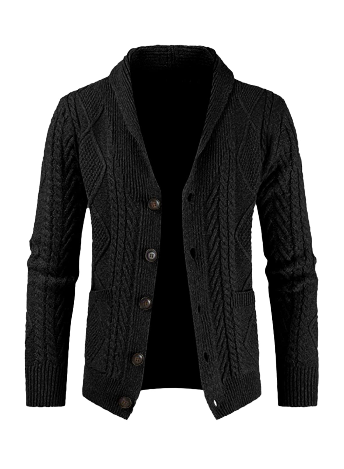 Photo 1 of JMIERR Men's Cardigan Sweaters Fall Casual Long Sleeve Shawl Collar Button-Down Wool Blend Cable Knit Sweater with Pockets,XL,Black