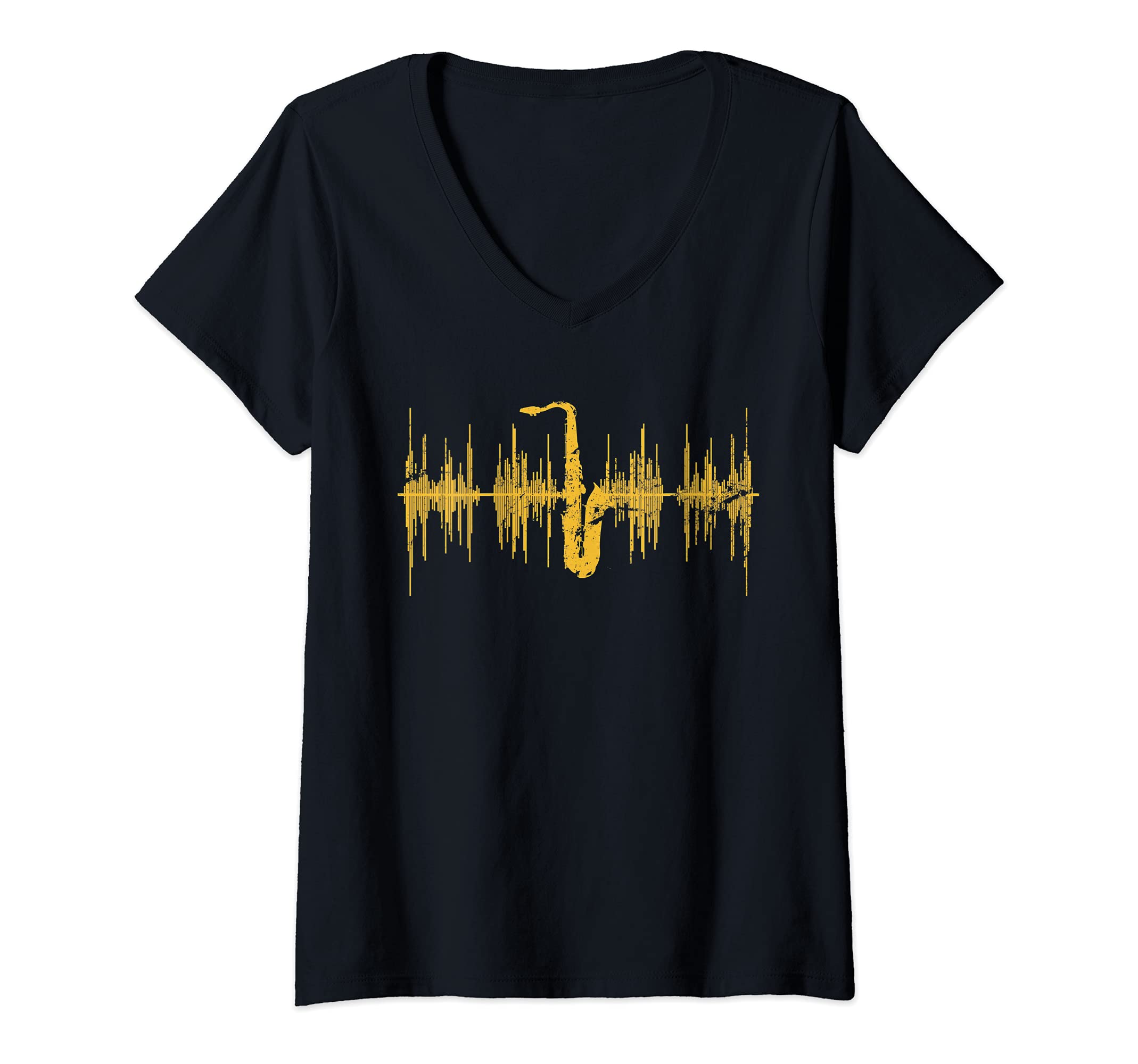 Womens Saxophone Player Saxophonist Soundwave Jazz Music Saxophone V-Neck T-Shirt