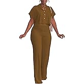 HBQ Women's Summer 2 Piece Outfits Casual Tracksuit Short Sleeve Button Down Crop Top Wide Leg Long Pant Lounge Sets