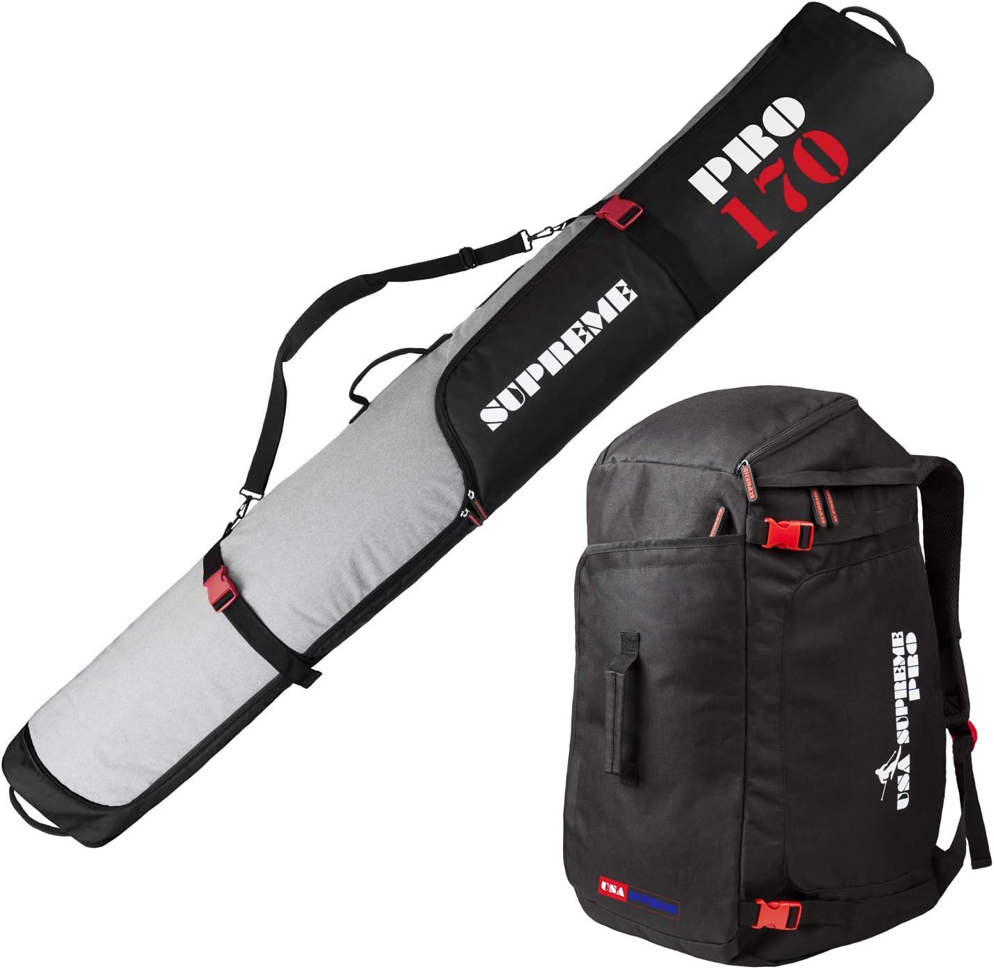 Full Padded Ski Bag and Boot Bag Combo -New Upgraded Zipper - for 1 Pair of Skis and Ski Boots - Select From 170cm (66-7/8) or 190cm (74-3/4) - Include 1 Padded Ski Bag and Boot Bag - Black and Gray