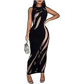 WDIRARA Women's Cut Out Mesh Sleeveless Bodycon Dress Party Club Long Pencil Tank Dress