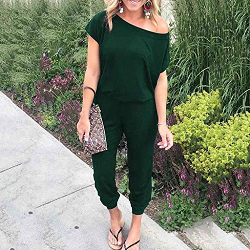 Fheaven Women's Off-Shoulder Jumpsuits Playsuit Short Sleeve Rompers Long Pants with Pocket (XL, Green 2)