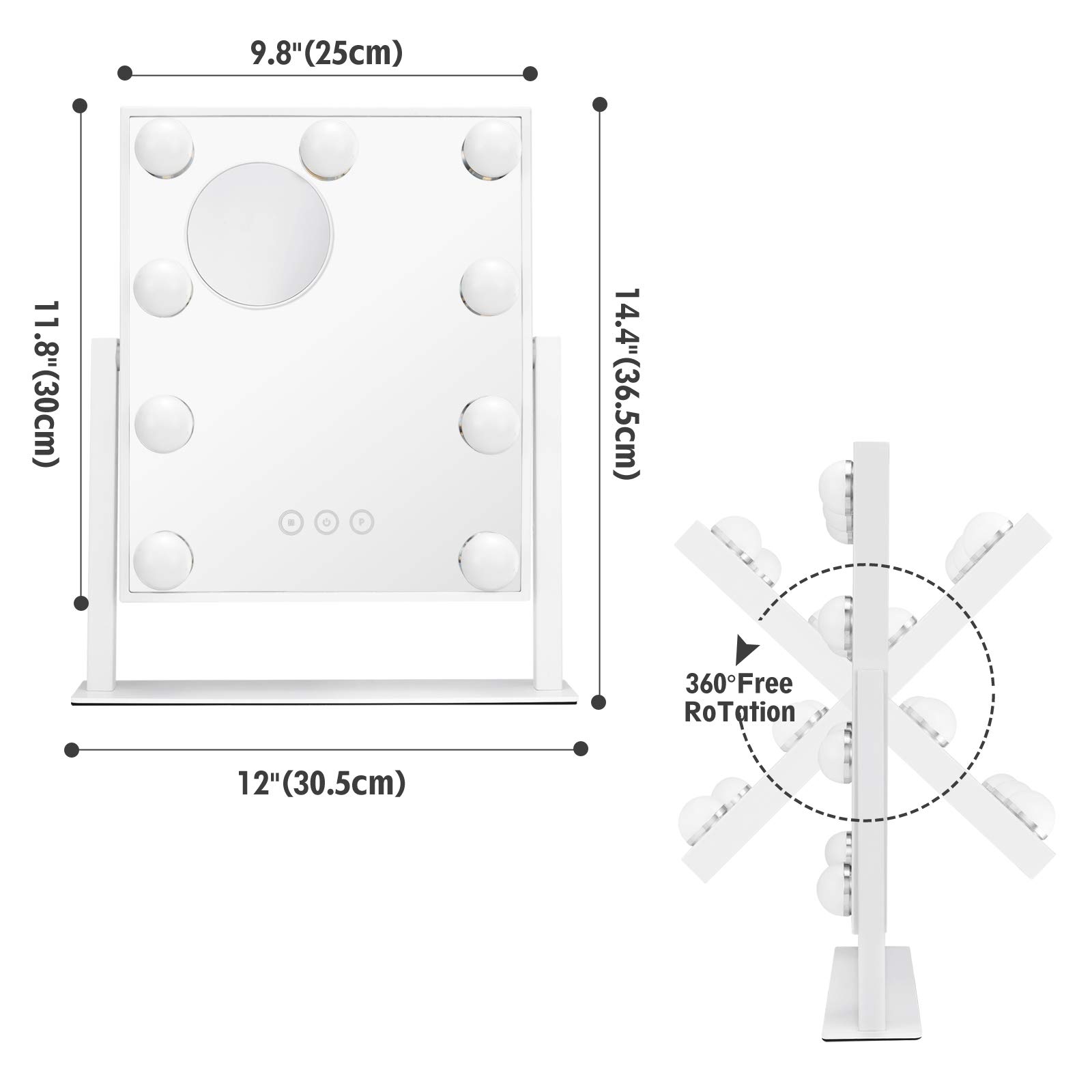 Vanity Mirror with Lights, Makeup Mirror with Lights,3 Color Lighting Modes Detachable 10X Magnification Mirror Touch Control,360°Rotation, White.