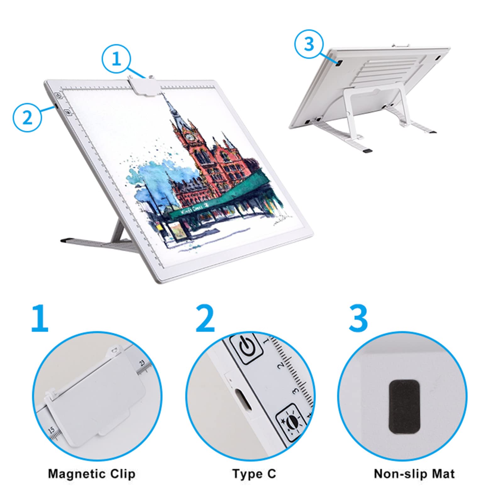 A3 Rechargeable Light Pad with Case, TOHETO 2500mAh Battery Powered Light Board with Stand and Top Magnetic Clip 3 Colors Stepless Dimmable 6 Levels Brightness Light Box for Diamond Painting (White)