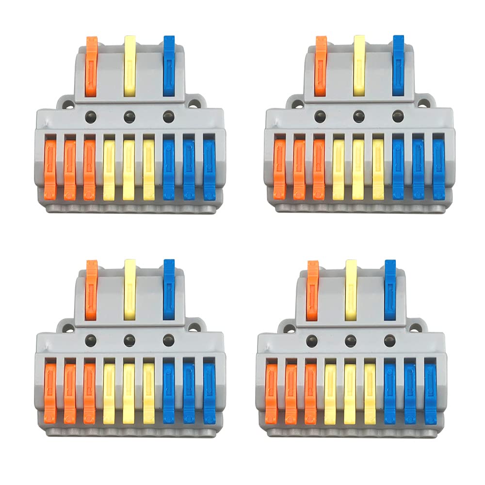 QitinDasen 4Pcs KV439 Lever-Nut Wire Connectors, 3 in 9 Out Conductor Compact Wire Connectors, Splicing Type Quick Conductors Cable Clamp Terminal Block Spring Connector