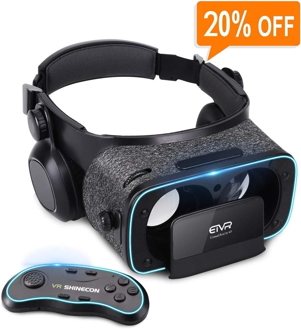 3D VR Headset with Remote Controller for 3D Movies & VR Games, Skin-Friendly Lightweight Comfortable Virtual Reality Headset with Stereo Headphone, Fit for 4.7"-6.2" iPhone and Android Smartphones