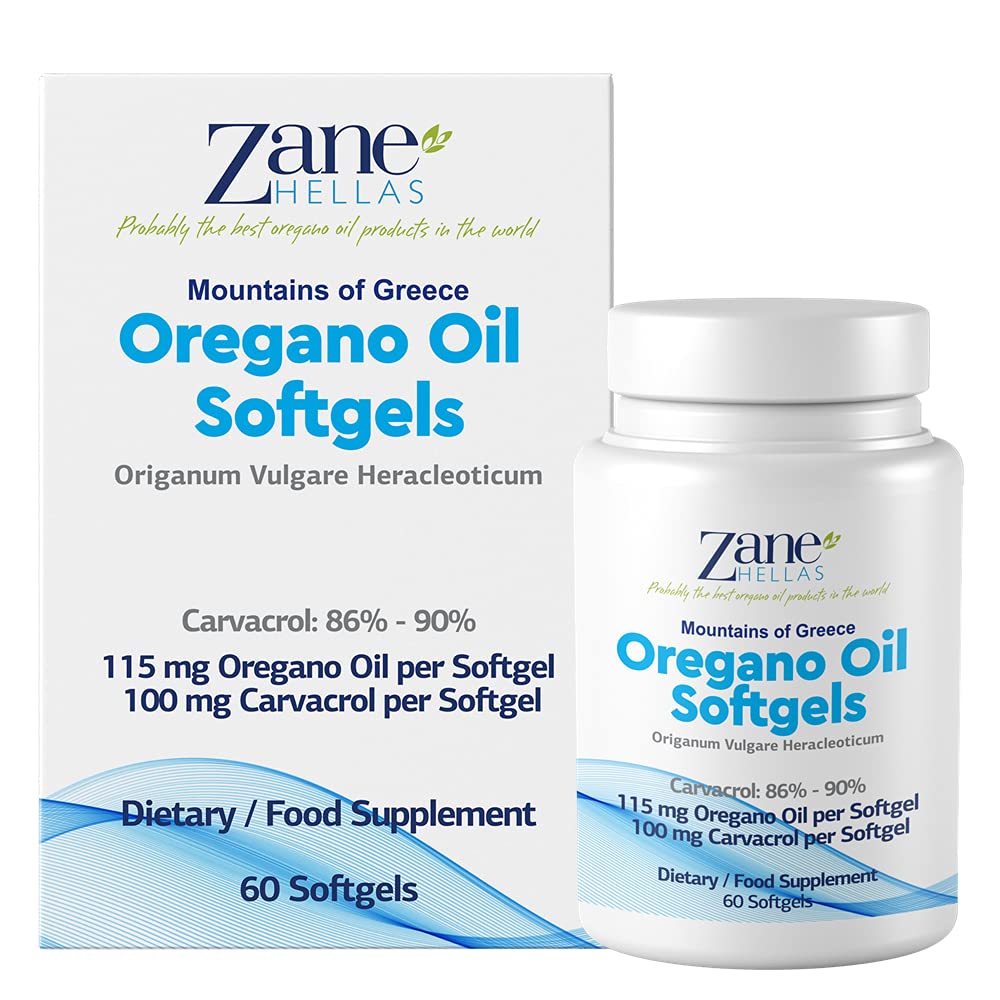 Zane Hellas Oregano Oil Softgels.High Concentration. Every Softgel Contains 20% Greek Essential Oil of Oregano. 100 mg Carvacrol per Softgel. 120 Softgels. Pack of 2.
