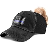 Speedy Pros Ponytail Cap Women's Baseball Cap Embroidered American Flag Thin Blue Line Embroidery Cotton