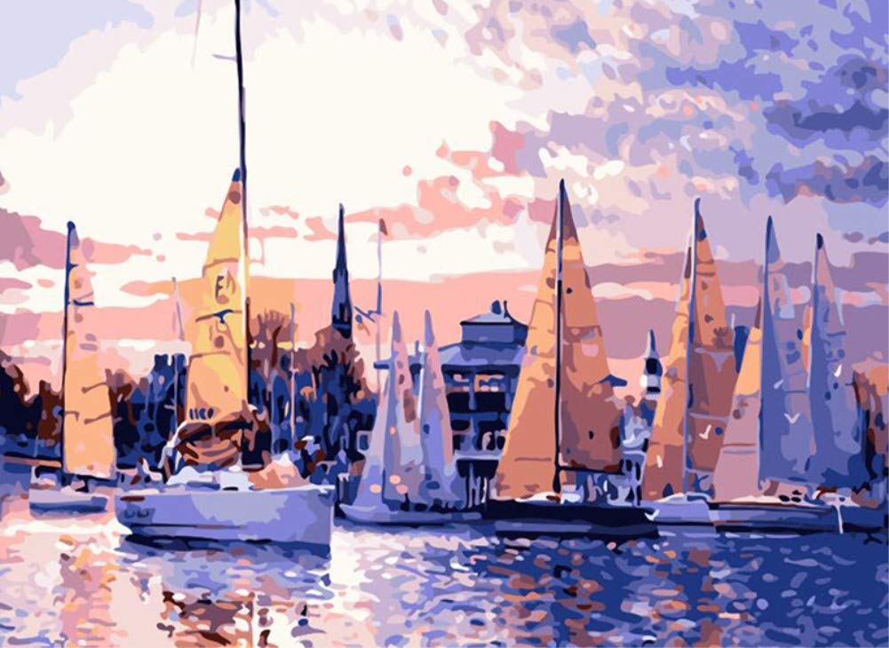 ABEUTY DIY Paint by Numbers for Adults Beginner - Seaside Port Sailboat and Seagull 16x20 inches Number Painting