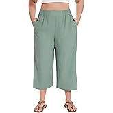 FOREYOND Plus Size Linen Capris Pants High Waisted Wide Leg Pants Loose Fit Yoga Pants with Pockets Travel Green 3XL