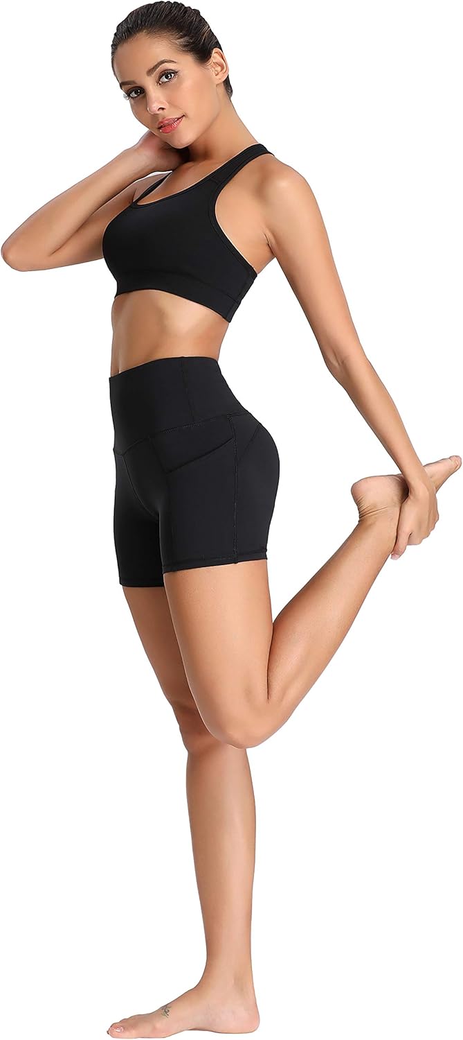 Oalka Women's Short Yoga Side Pockets High Waist Workout Running Sports Shorts 4": Clothing