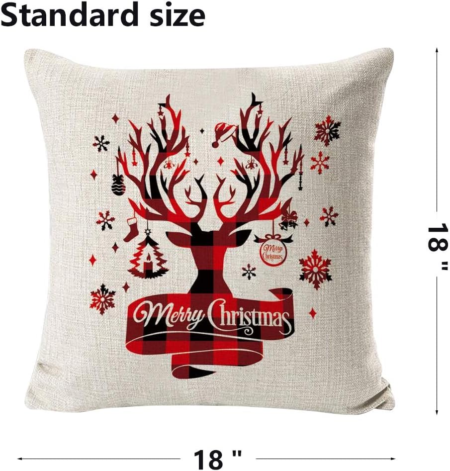 HAJACK Christmas Pillow Covers, 18x18” Throw Pillow Cases Set of 4 for Christmas Decor, Red Plaid Truck & Farmhouse & Deer Pattern and Soft Linen Fabric, Great Decorations and Best Gift for Christmas: Home & Kitchen