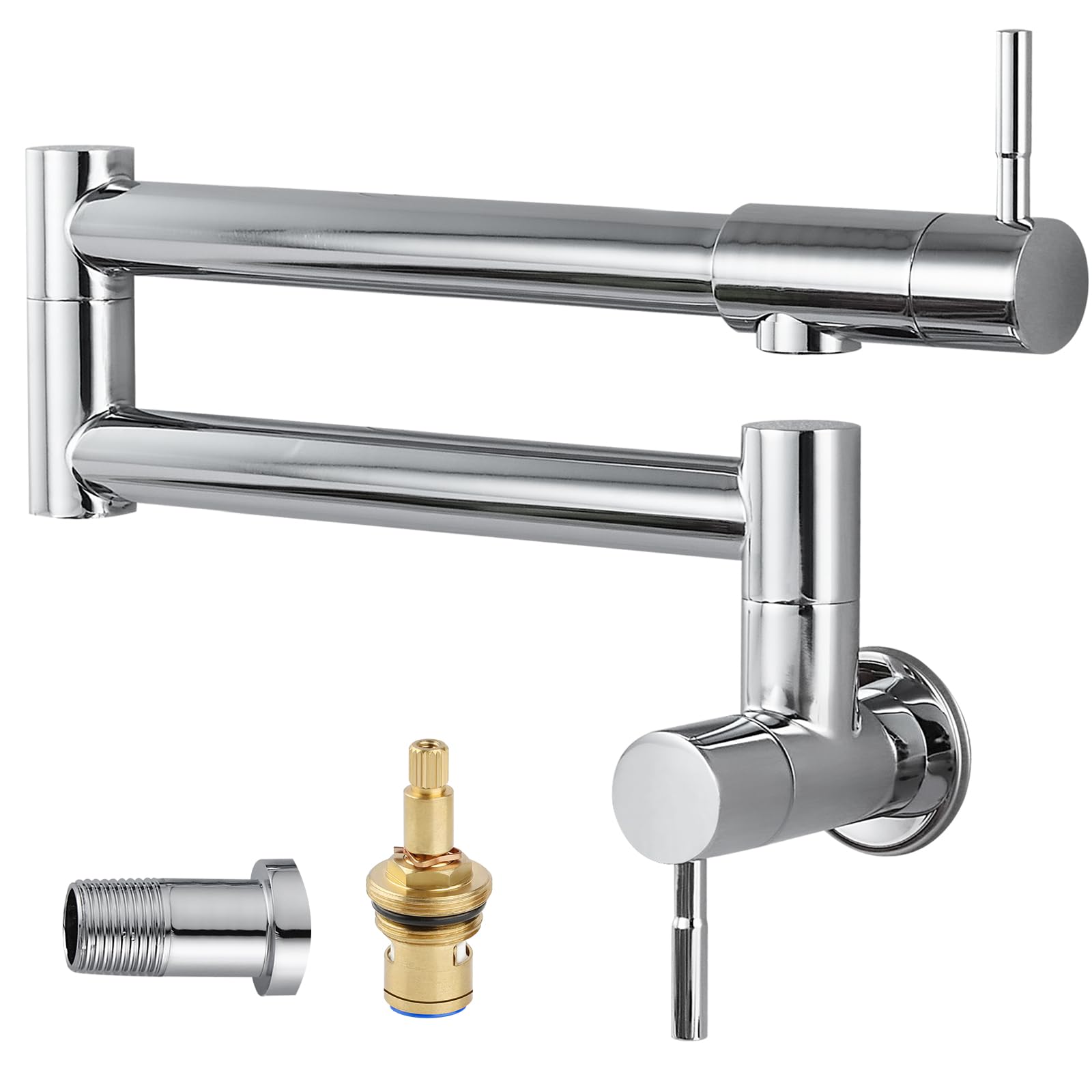 Cinwiny Pot Filler Faucet Wall Mounted Folding Stretchable Kitchen Sink Water Tap with Double Joint Swing Arm Single Hole Two Handles Restaurant Kitchen Faucets, Polish Chrome, Level Handle