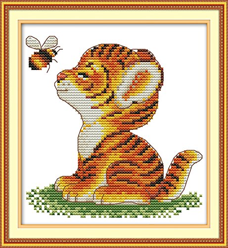 Stitchmelody Stamped Cross Stitch Kits,11CT Printed Pattern Embroidery Kit DIY Home Décor Needlework-Tiger and Bee 23cm×24cm