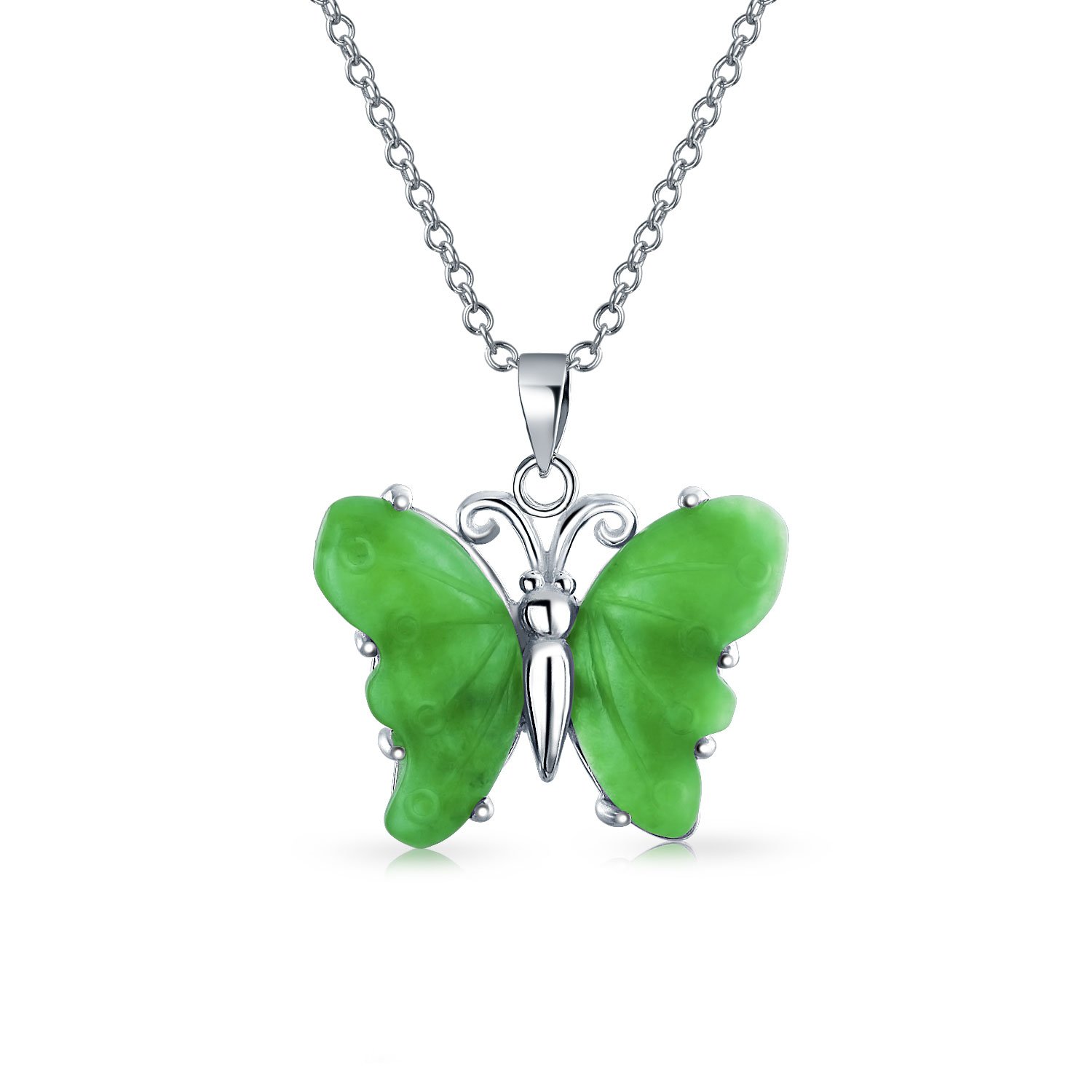 Bling Jewelry Handcrafted Carved Green Gemstone Jade Garden Butterfly Pendant Necklace For Women Teen .925 Sterling Silver With Chain — image 1