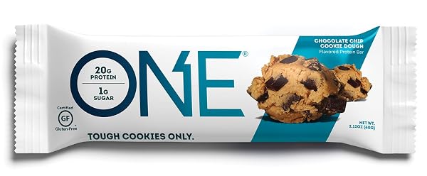 ONE 1 PROTEIN BARS WITH 20 G PROTEIN AND ONLY 1 G SUGAR- SNACKING FOR HIGH PROTEIN DIETS, CHOCOLATE CHIP COOKIE DOUGH, GLUTEN-FREE, 2.12 OZ