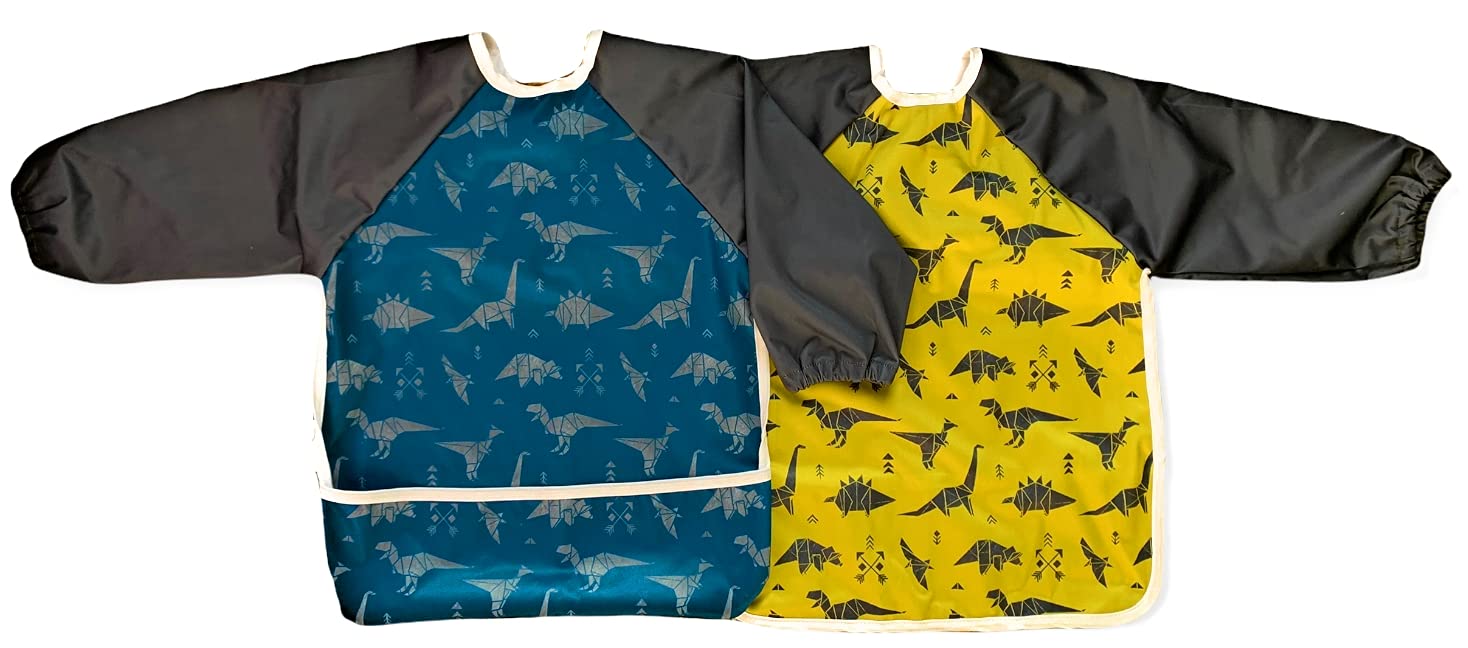 2 Pack Dinosaur Coverall Feeding Bibs by Jump Baby. Suitable for Babies and Toddlers Aged 6 Months to 2 Years.