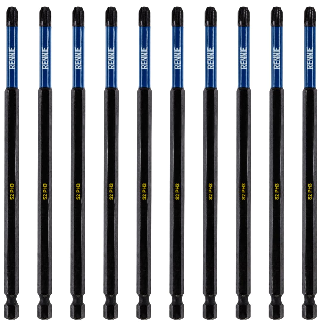 10 x Rennie Tools 150mm Long PH3 Impact Screwdriver Driver Bits Set. Magnetic Phillips No.3 Heavy Duty Impact Driver Bit Set. Extra Long PH3 Bits. Hex Shank. Cross Head