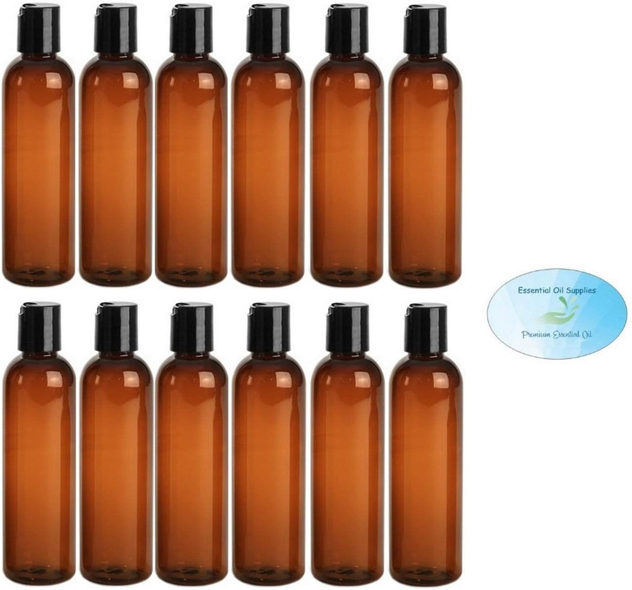 4 Ounce Cosmo Round Bottles, PET Plastic Empty Refillable BPA-Free, with Black Press Down Disc Caps (Pack of 12) (Amber)