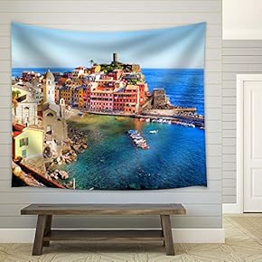 Vernazza Village and Stunning Sunrise,Cinque Terre,Italy,Europe - Fabric Tapestry, Home Decor - 51x60 inches
