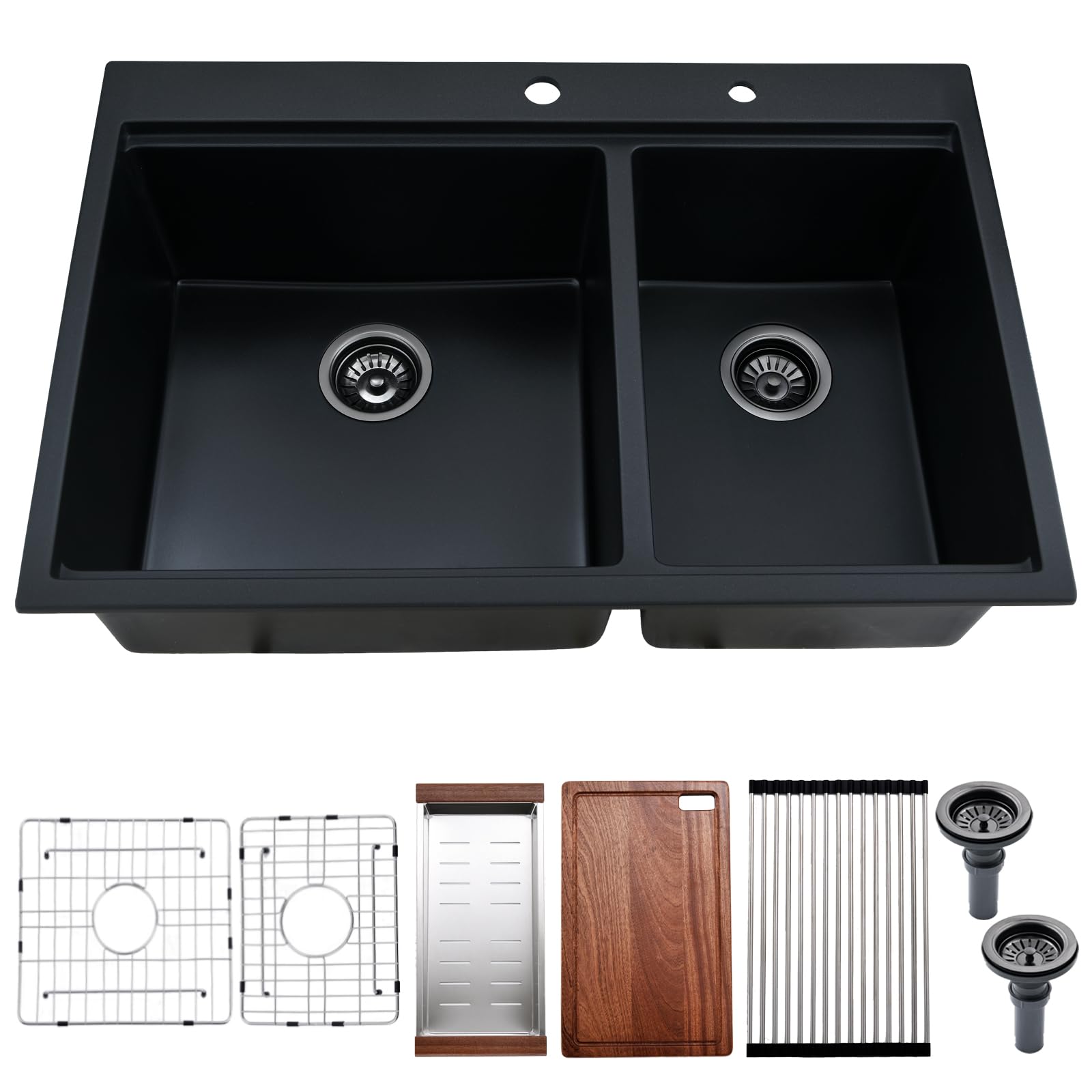 Photo 1 of Kitead 33x22 Black Drop In Granite Composite Kitchen Sinks Double Bowl - 33 Inch Drop In Double Bowl Granite Sink 60/40 Workstation Black Quartz Kitchen Sink with Accessorie