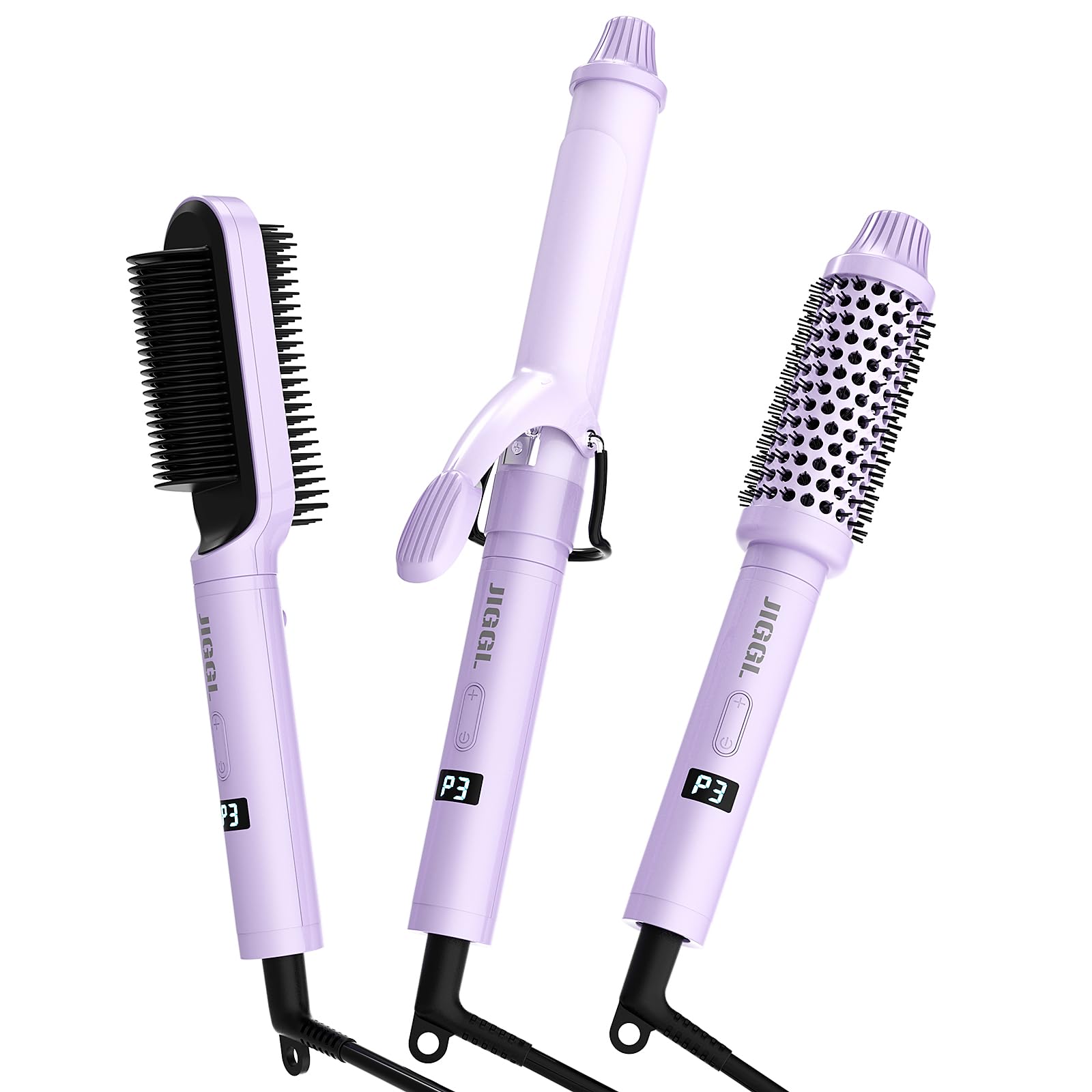 Photo 1 of JIGGL 3-in-1 Interchangeable Hair Styler: 1.25" Curling Iron, 1.5" Heated Round Thermal Brush & Hair Straightener Combo for Travel, Dual Voltage,Straight/Curl/Blowout Short and Long Hair, Purple
