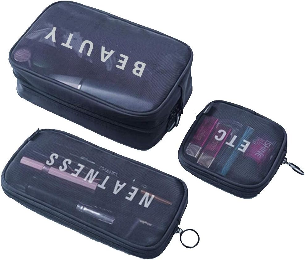 Obvie High Grade Mesh Travel Makeup Bag Organizer Translucent Clear Travel Toiletry Bag Quick Pass Airport Security (Black Set (3 pcs))
