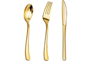 Goodluck 300PCS Gold Plastic Cutlery, Disposable Plastic Cutlery Set Includes 100 Forks,100 Spoons,100 Knives for Wedding, Pa