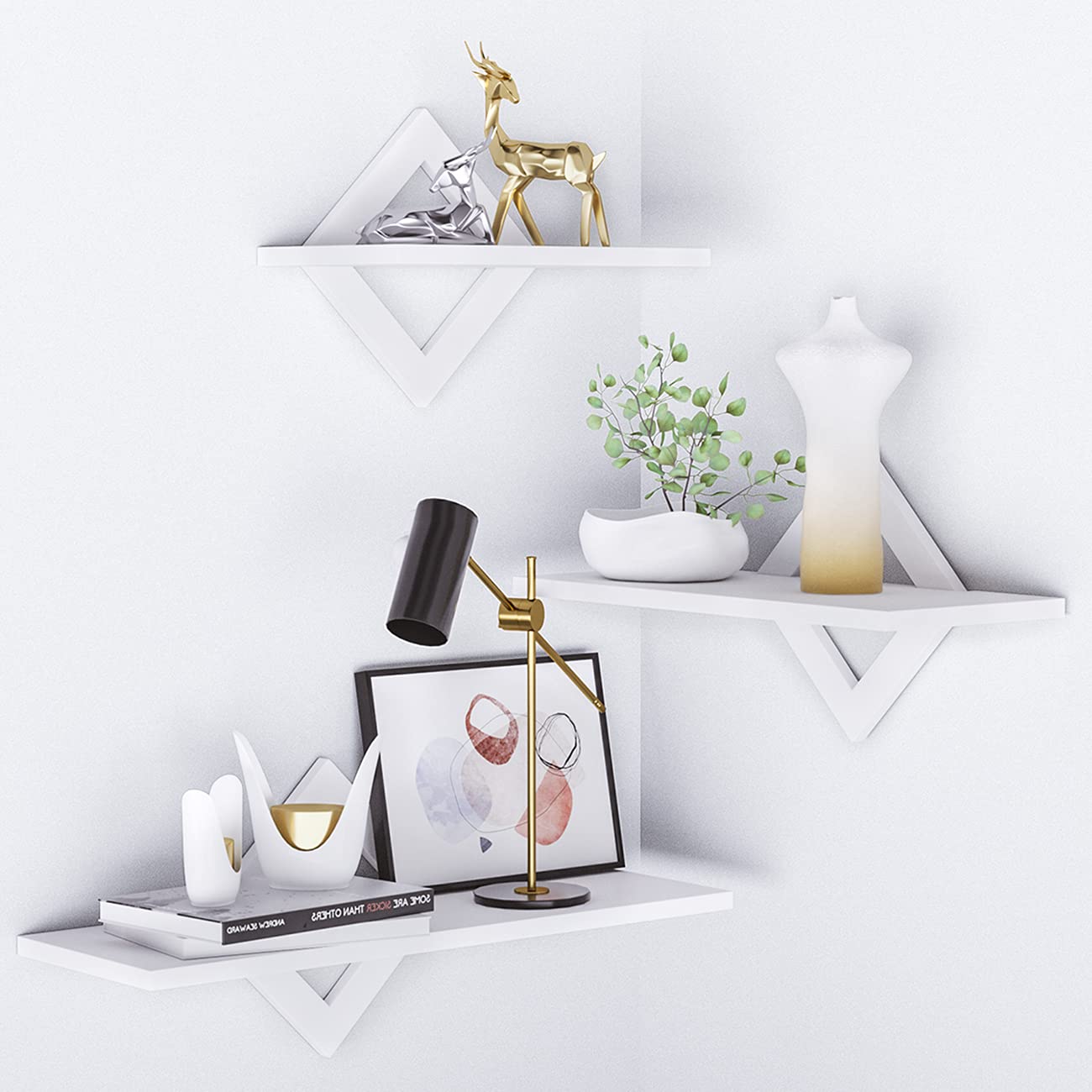 Piorlado White Floating Shelf, 3 Sets of White Wall-Mounted Shelves, Modern Home Decoration Storage Shelf, with Invisible Accessories, Suitable for Bathroom, Bedroom, Office, Living Room, Kitchen, etc