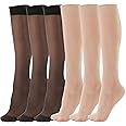 ZIHUA 6 Pairs Knee High Stockings for Women, 20 Denier Nylon Sheer Socks with Reinforced Toes Black Nude One Size