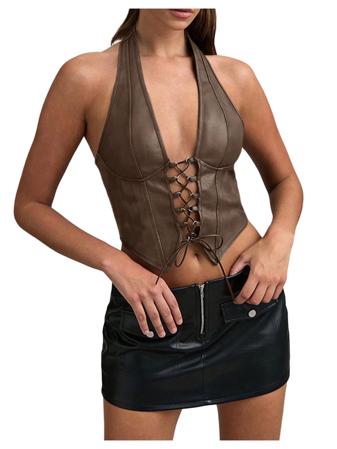 Photo 1 of SOLY HUX Women's PU Leather Halter Top Lace Up Sleeveless Backless Y2k Crop Tank Tops Solid Brown X-Large
