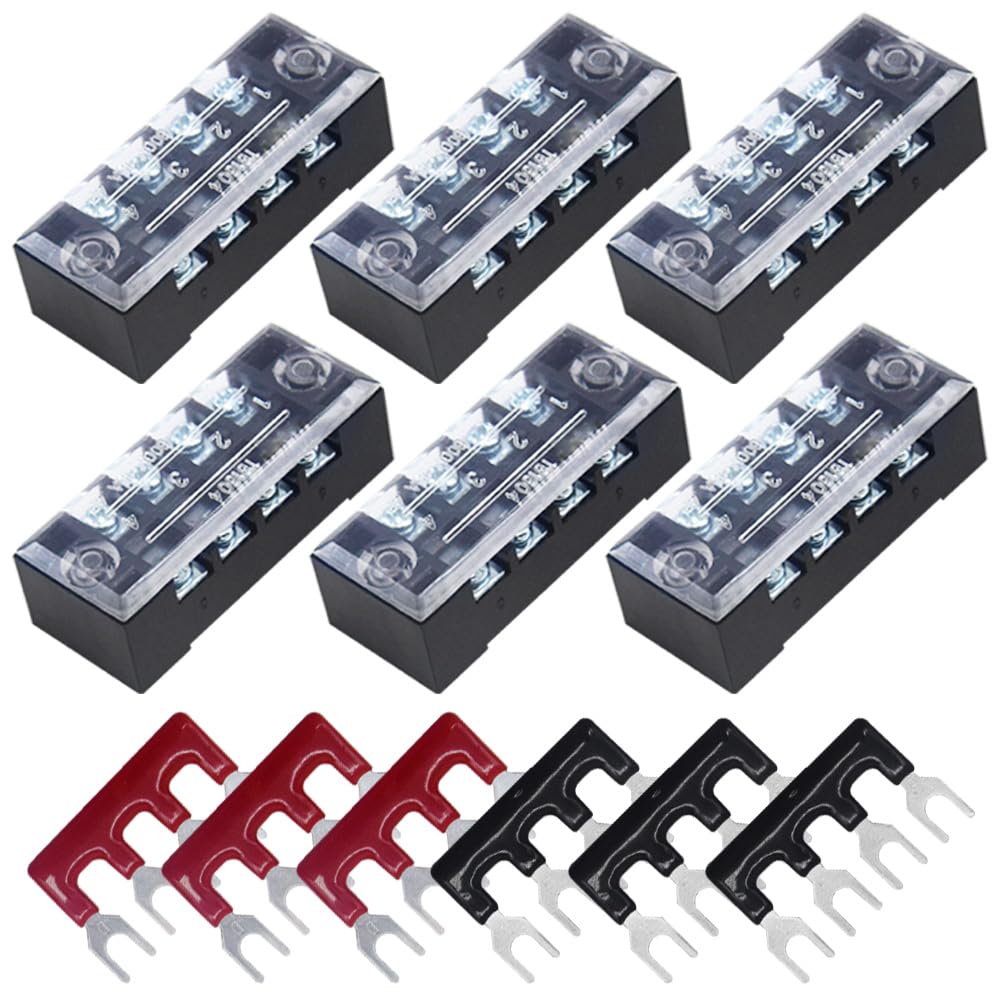 CEEYSEE 12pcs (6 Set) 4 Positions Dual Rows Covered Screw Terminal Block 600V 15A + 6Pcs 4 Positions Pre-Insulated Black/Red Fork Terminal Barrier Strip 400V 15A (TB1504)