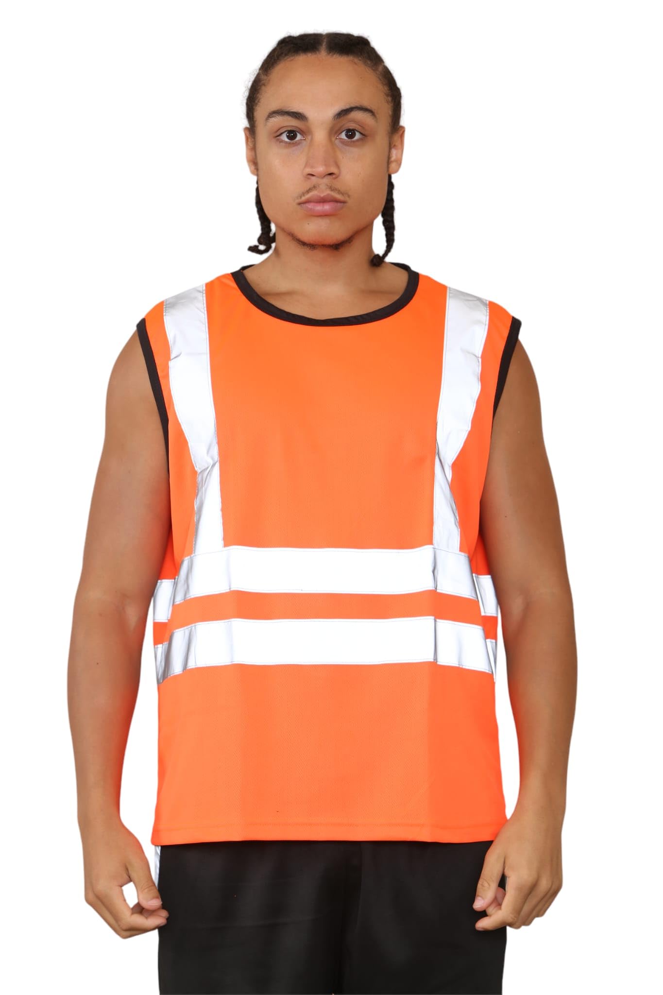 Shaposh Fashion® Hi Vis Viz Work Utility Sleeveless Round Neck T-Shirt Warning Vest | High Visibility Safety Security Workwear Double Tape Tank Top (Orange, X-Large)
