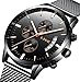 Watch Men Casual Stylish Stainless Steel Watch with Milanese Mesh Band, Waterproof Black Multifunctional Watch for Men