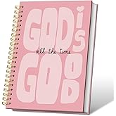 VONTP Pink Christian Spiral Notebook, God Is Good Bible Verse Inspirational Journal for Women, Christian Gifts for Women, Preppy Religious Scripture College Ruled Notebook Journal for Writing, 5.5x8.3