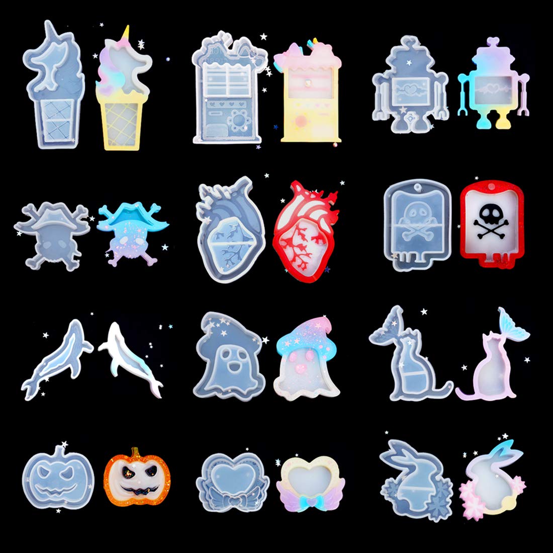 FineInno 12 Pack Reusable Resin Casting Molds Hollow Epoxy Shaker Silicone Molds Pumpkin Mould for Quicksand Resin Mold Jewelry DIY Crystal Craft