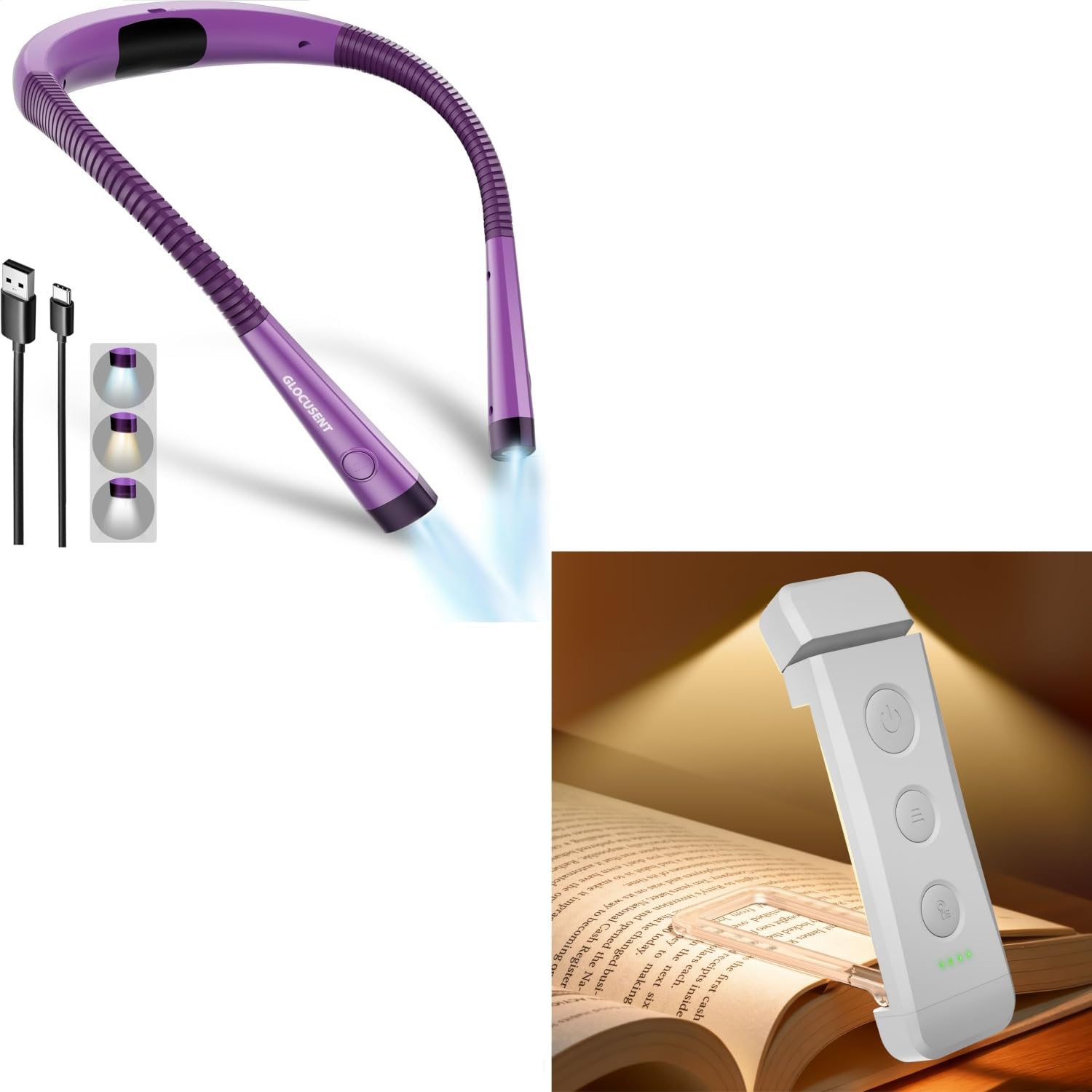 Glocusent 1 Pack Purple Neck Light Bundle 1 Pack White Book Light