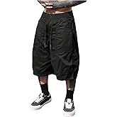OYOANGLE Men's Baggy Cargo Shorts Drawstring Waist Loose Wide Leg Knee Length Shorts Streetwear