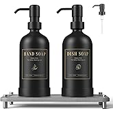 Luxspire Soap Dispenser Set, Hand Soap Dispensers with Fast Drying Tray, 17 oz Glass Refillable Liquid Bottle for Bathroom & Kitchen, Kitchen, 2 Pack, Black + Dark Gray