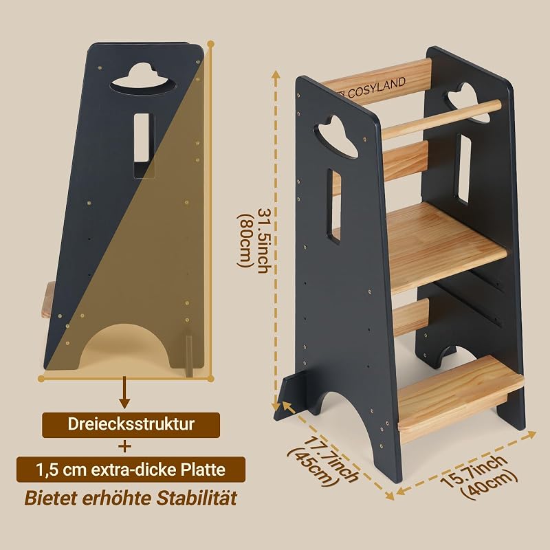 Lernturm ab 1 Jahr - Höhenverstellbarer Learning Tower für Kinder (3-stufig) - Montessori mit Kippschutz & Massivholz (Dunkelgrau und Holz)
