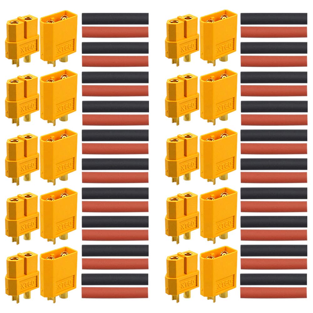 QitinDasen 10 Pairs Premium XT60 Battery Connector, XT60 Male Female Bullet Connector, Gold Plated Connector Power Plug with Heat Shrink Tube, for RC Lipo