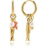 NEPULOY Beach Fish Earrings for Women - Boho Gold Pearl Red Bead Fish Earrings, Bohemian Beach Jewelry | Ocean Waterproof Summer Jewelry for Vacation