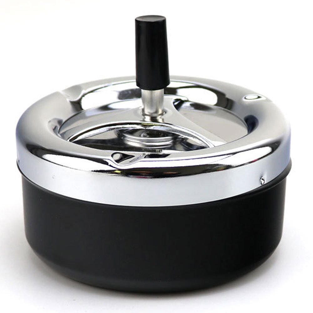 Bull Brand Round Push Down Black Metal Spinning Ashtray, 9cm (7022)