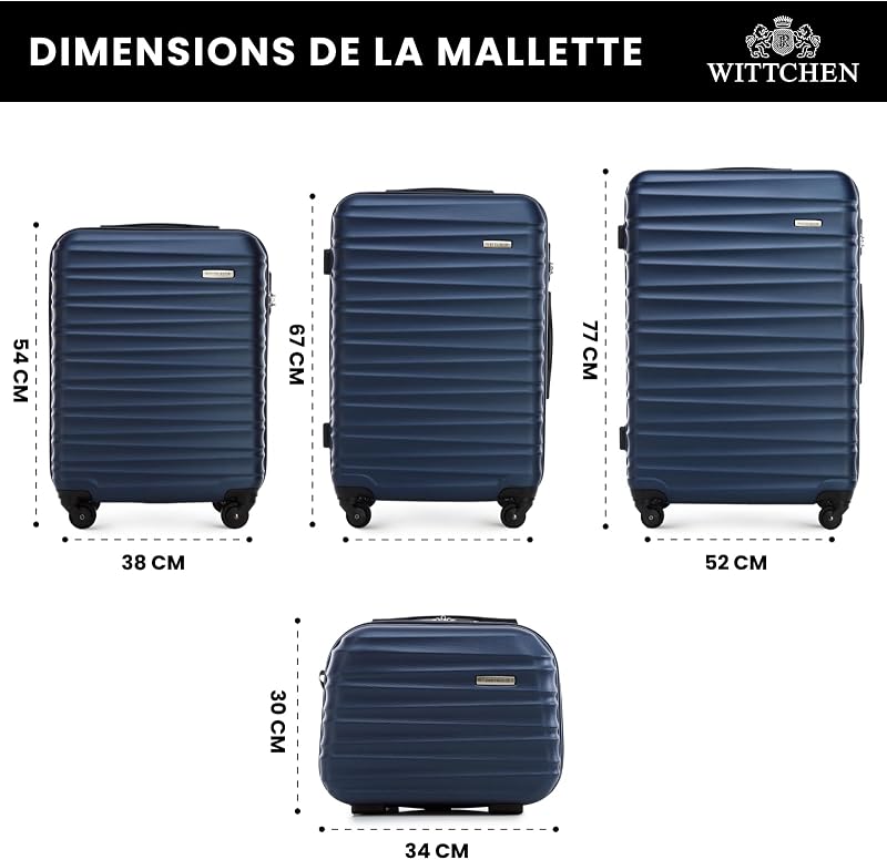 Valise de Voyage Set de 4 valises Valise à roulettes Bagages à Main ABS 4 roulettes pivotantes Serrure à Combinaison Poignée télescopique Groove Line Bleu Marine Air France/Easyjet
