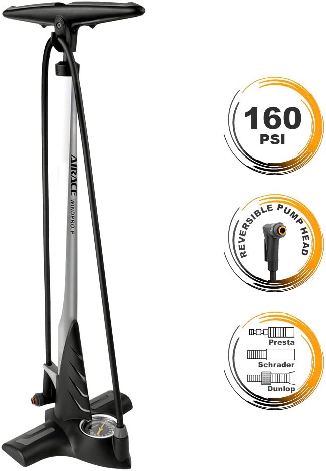 Airace Bike Aluminum Floor Pump with Large Gauge for Presta & Schrader Valve, 160 PSI (White)