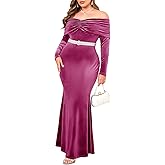 ZOMVA Plus Size Off Shoulder Velvet Dress Long Sleeve Mermaid Bodycon Maxi Evening Gown for Cocktail Party Wedding Guest