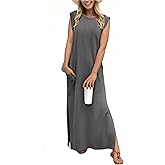 GRECERELLE 2026 Women Year-Round Casual Round Neck Loose Split Wrinkle-Free Long Maxi Vacation Dress with Pockets (XXS-4XL)