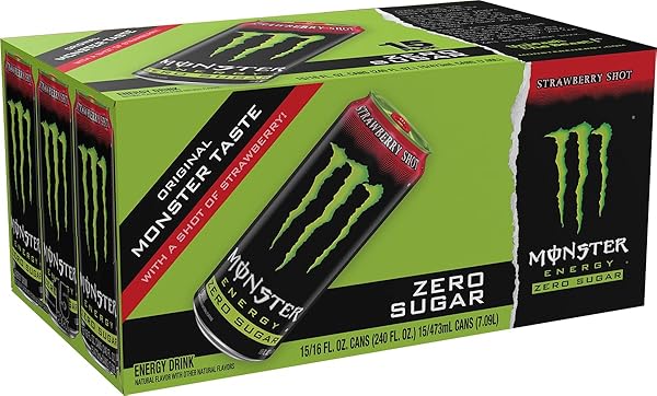 MONSTER ENERGY ZERO SUGAR STRAWBERRY SHOT, GREEN, ORIGINAL, SUGAR FREE ENERGY DRINK, 16 OUNCE (PACK OF 15)